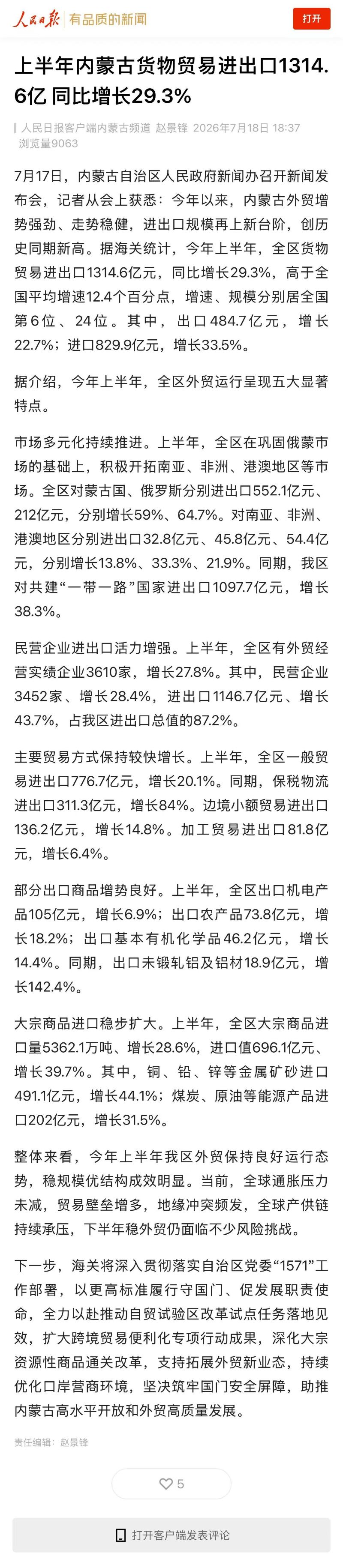 人民日报客户端：上半年内蒙古货物贸易进出口1314.6亿 同比增长29.3%
